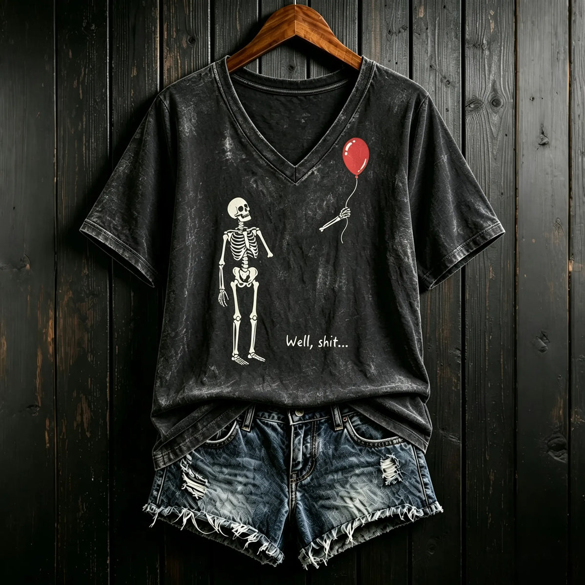 Women's Vintage Skeleton Lost Balloon Well Shit Funny Skeleton Graphic Print Casual T-shirt