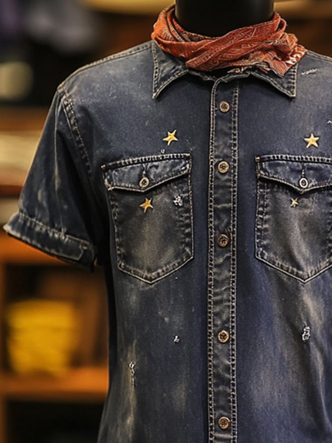 Men's vintage distressed two-pocket short-sleeved shirt