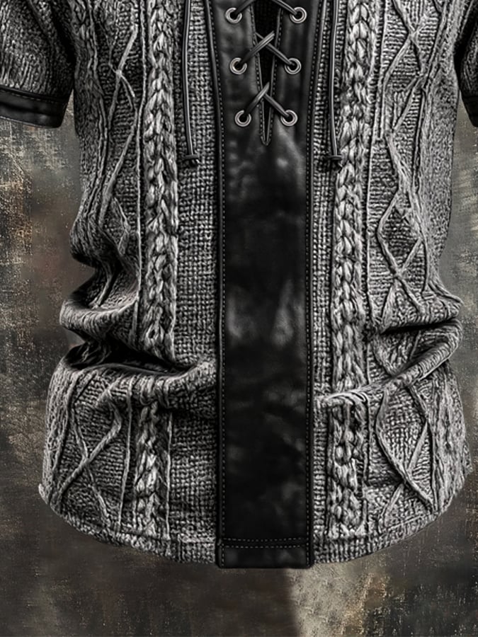Men's Retro Textured Knit and Leather Panel Lace-Up T-Shirt