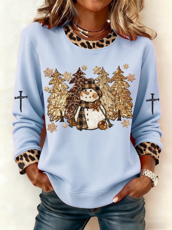 Women's Casual Leopard Print Snowman Sweatshirt