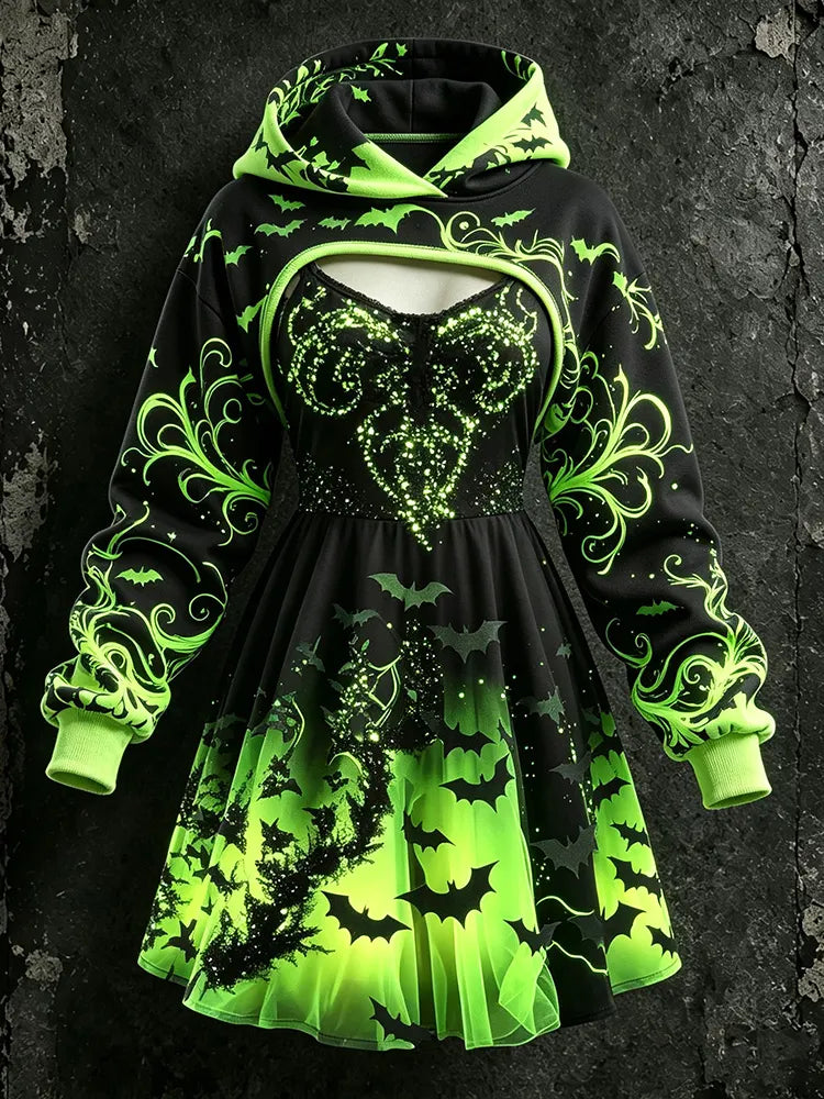 Women's Retro Halloween Flame Bat Floral Print Hoodie Suspender Dress Two-piece Set