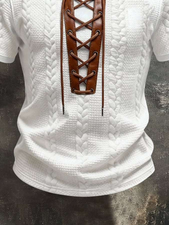 Men'S Short-Sleeve Polo-Collar Top With Retro Leather Paneling And Color-Block Design