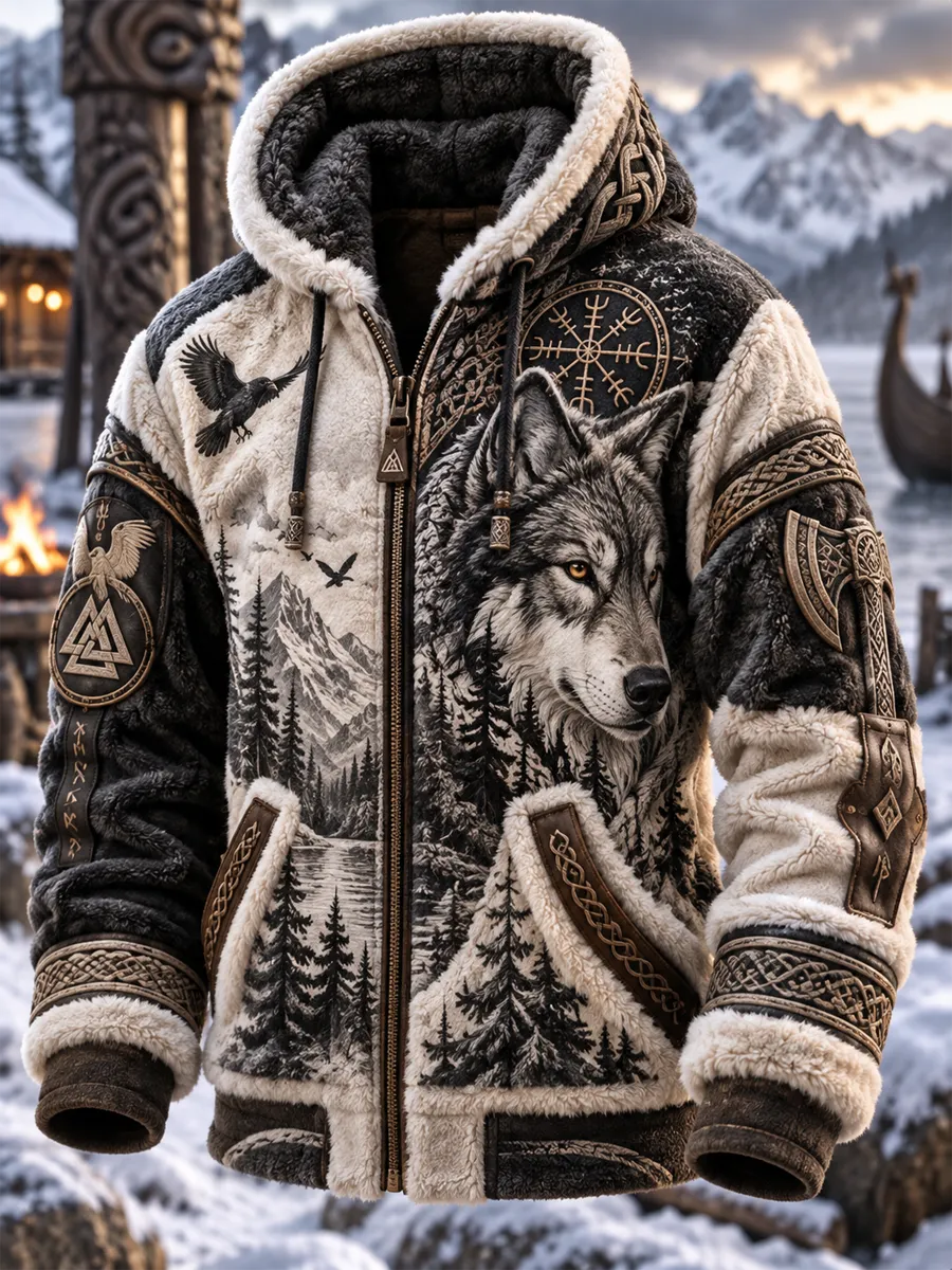 Men's Viking-Style Hooded Long Fleece Coat