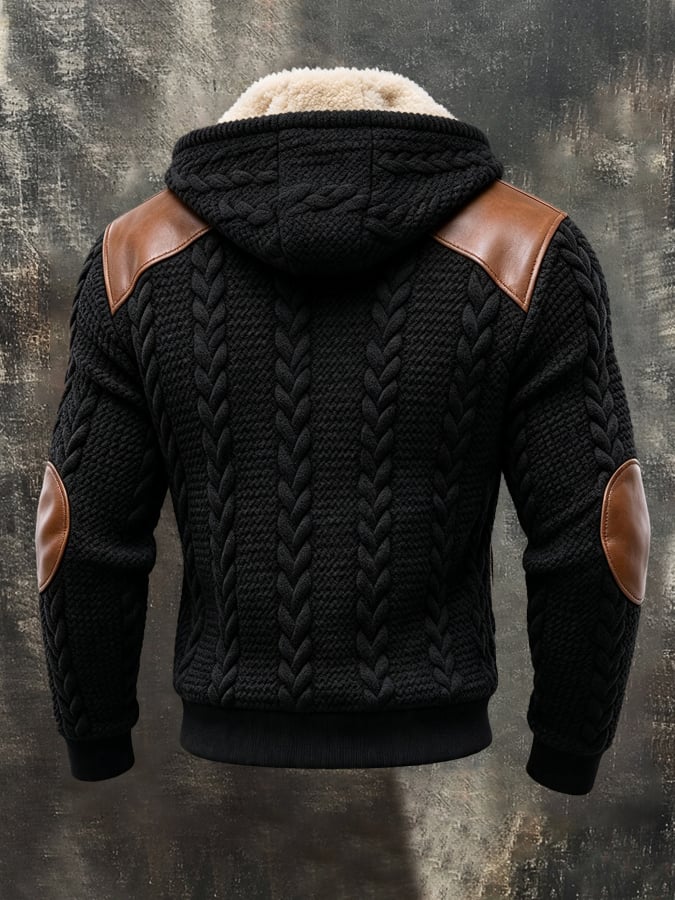 Men'S Retro Fleece-Lined Thermal Color-Block Hooded Jacket With Textured Cable-Knit Detail