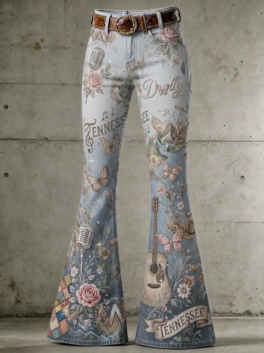 Women's Dolly Parton Country Music Guitar Rose Printed Flare Pants