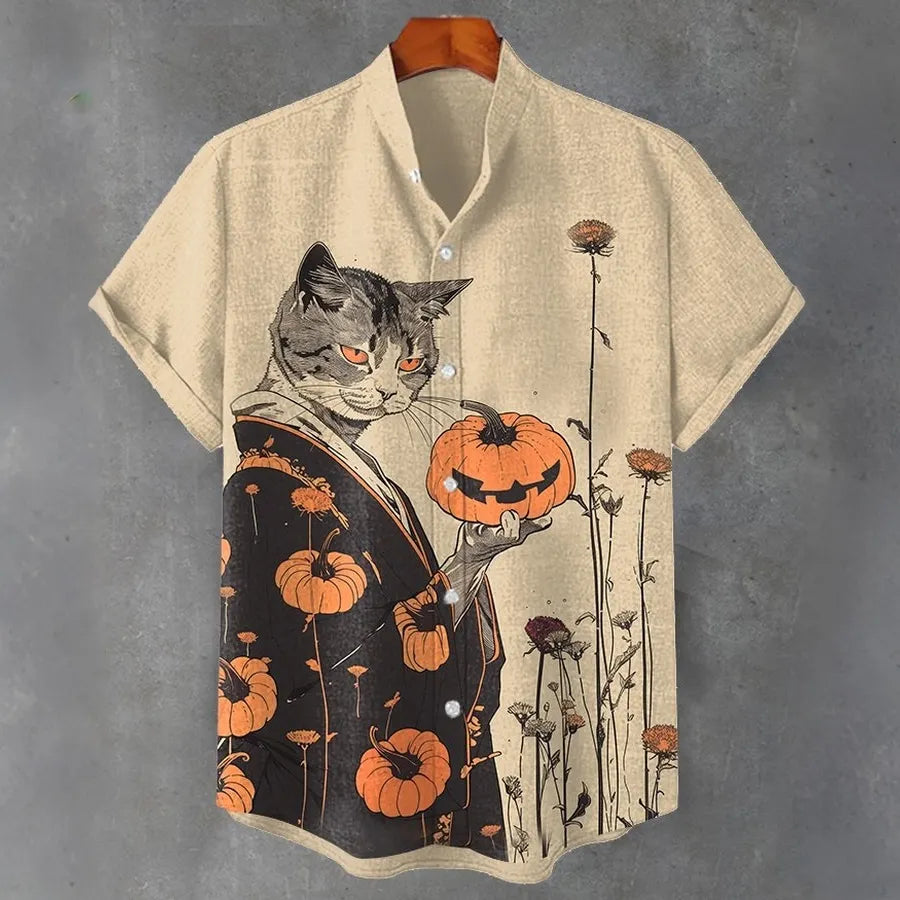 Men's Halloween Japanese Cat Samurai With Pumpkin Art Short Sleeve Shirt