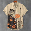 Men's Halloween Japanese Cat Samurai With Pumpkin Art Short Sleeve Shirt