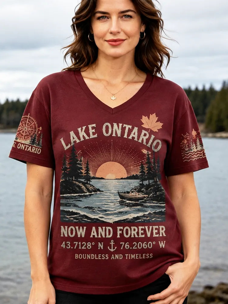 Women's Casual V-neck T-shirt - Lake Ontario, Sunset, Boat, Coordinates & Maple Leaf Print