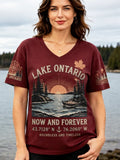 Women's Casual V-neck T-shirt - Lake Ontario, Sunset, Boat, Coordinates & Maple Leaf Print