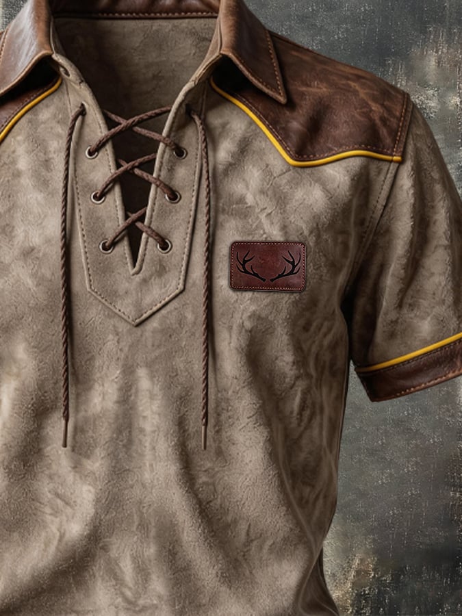 Men's Retro Faux Suede and Leather Panel Lace-Up T-Shirt