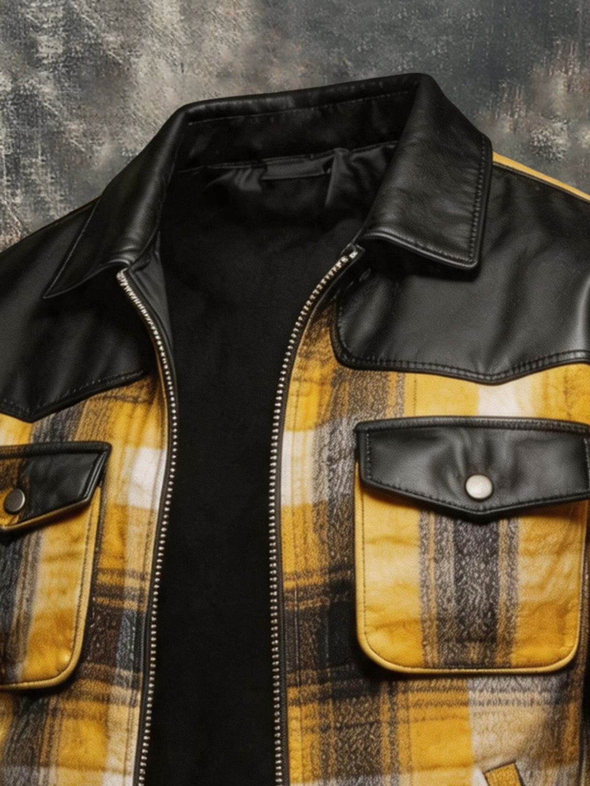 Men's Retro Plaid Jacket with Leather Paneling and Multiple Pockets