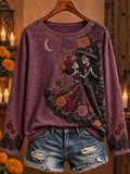 Women's Day Of The Dead Dancing Skeleton Couple Crescent Moon Floral Lace Print Crew Neck Long Sleeve Top
