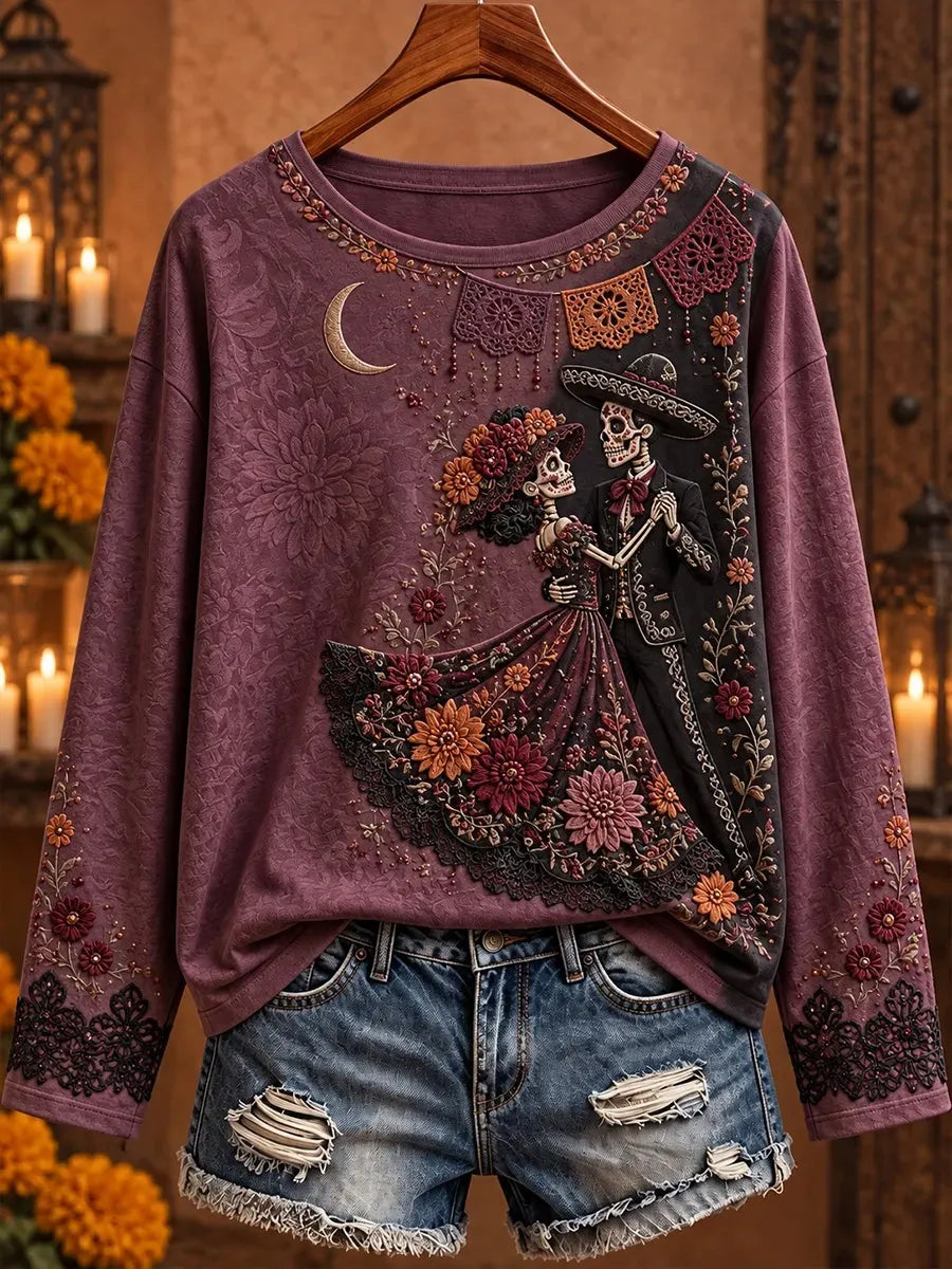 Women's Day Of The Dead Dancing Skeleton Couple Crescent Moon Floral Lace Print Crew Neck Long Sleeve Top