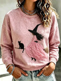 Women's Pink Witch-Themed Print Casual Sweatshirt