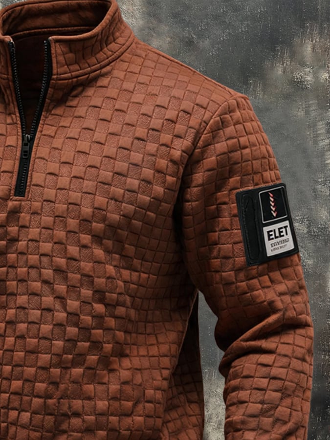 Men's Retro Textured Check Zip-Neck Sweatshirt
