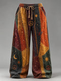 Men's Hippie Diagonal Spliced Peace Sign Sun Moon Planet Star Print Pants