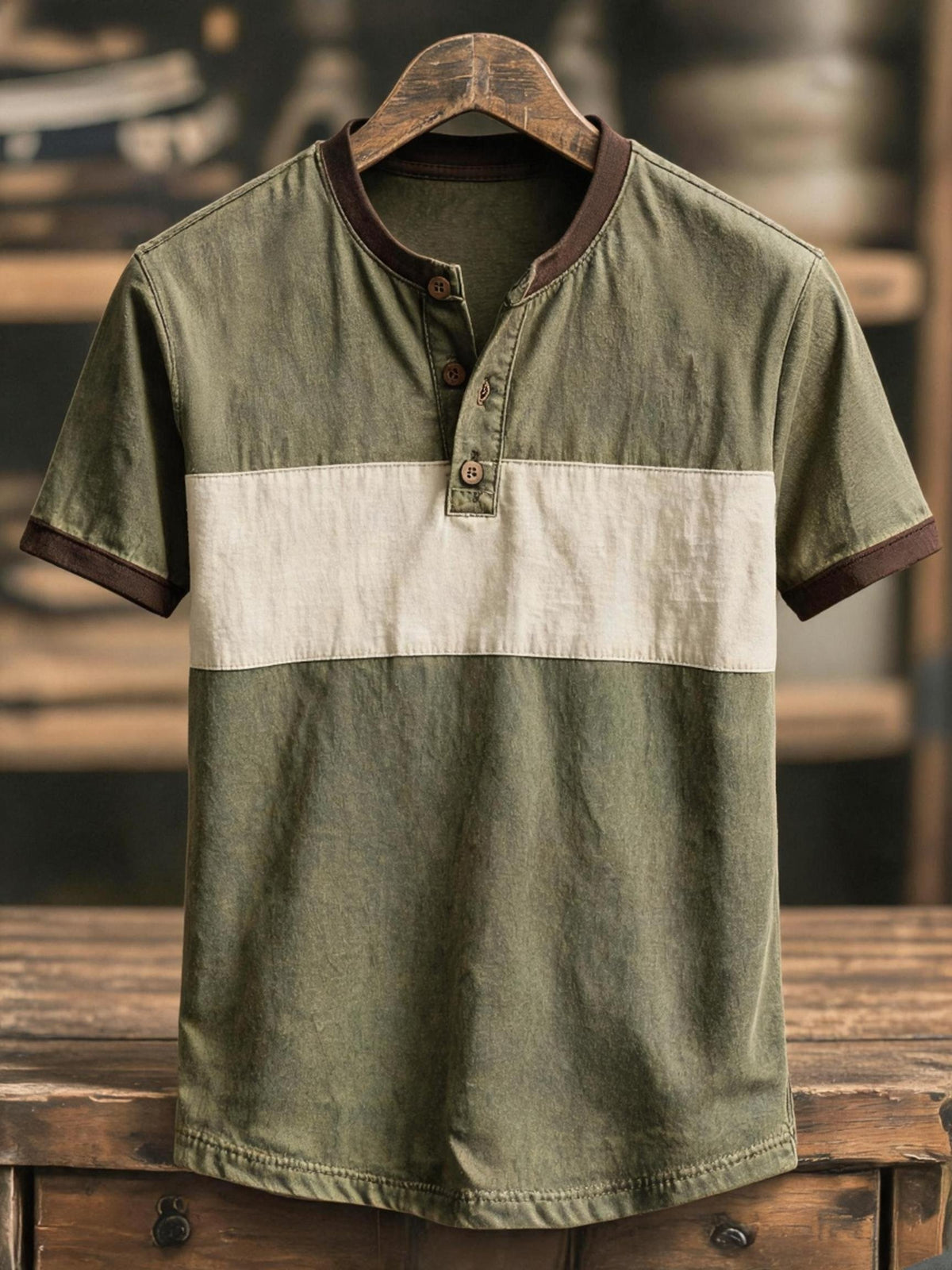 Men's Retro Color-Block Short-Sleeve Henley T-Shirt