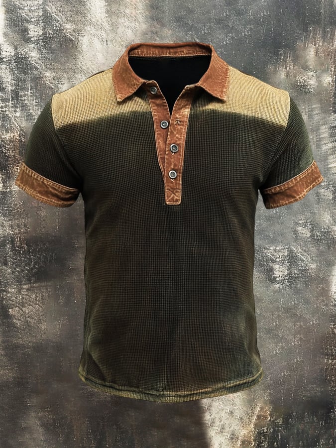 Men's casual short-sleeved waffle-print colorblock polo shirt