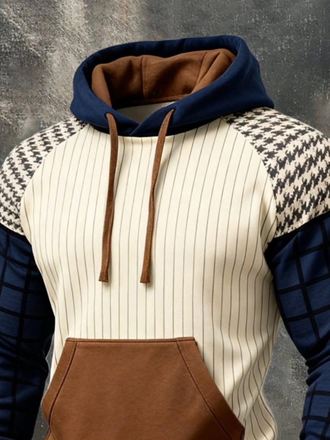 Men'S Retro Color-Block Print Hoodie With Contrasting Details