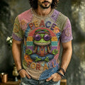 Men's Meditating Frog Rainbow Peace Sign Print Crew Neck Short Sleeve T-Shirt