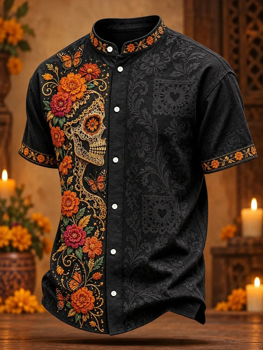 Men's Day Of The Dead Artistic Lace‐Style Skull Dense Bright Petal Butterfly Graphic Stand Collar Short Sleeve Shirt