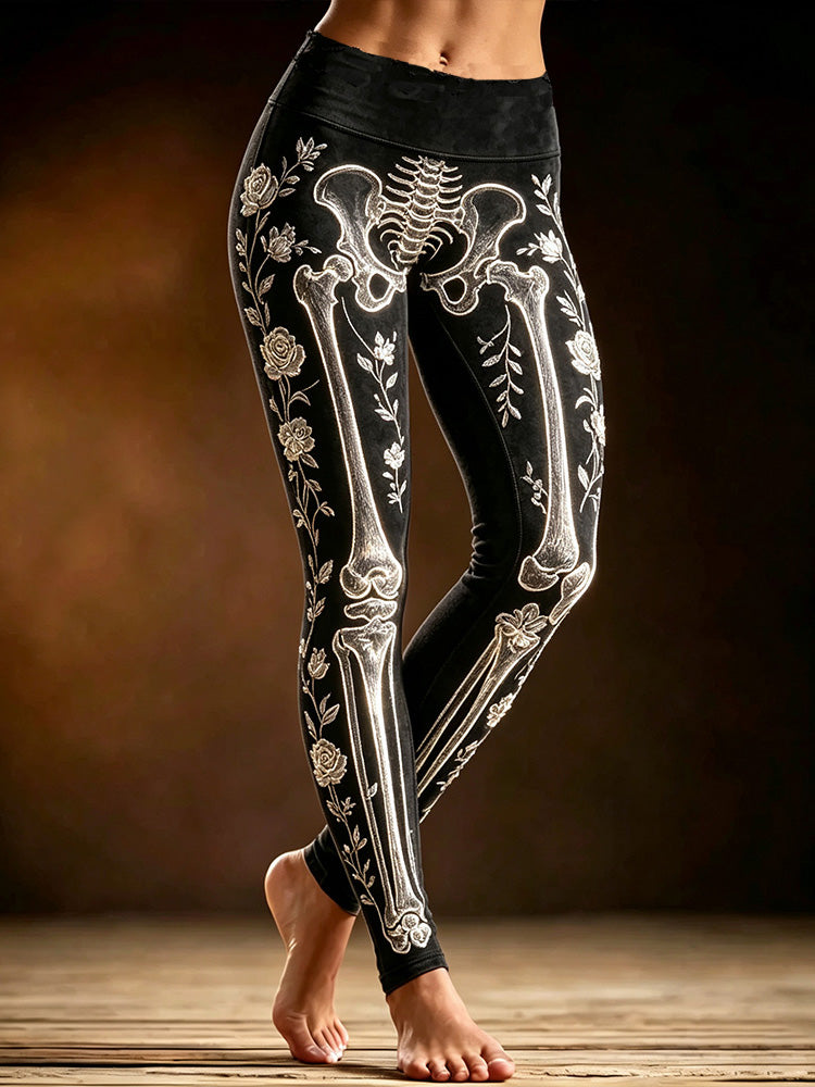 Women's Vintage Halloween Glowing Skull And Floral Art Casual Leggings