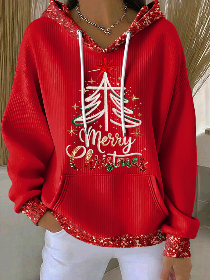 Retro  Merry Christmas Cross Faith Print Hoodie