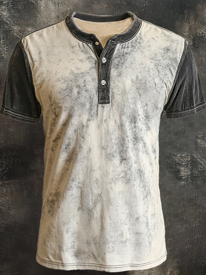 Men's casual Henley shirt in retro contrast print with short sleeves
