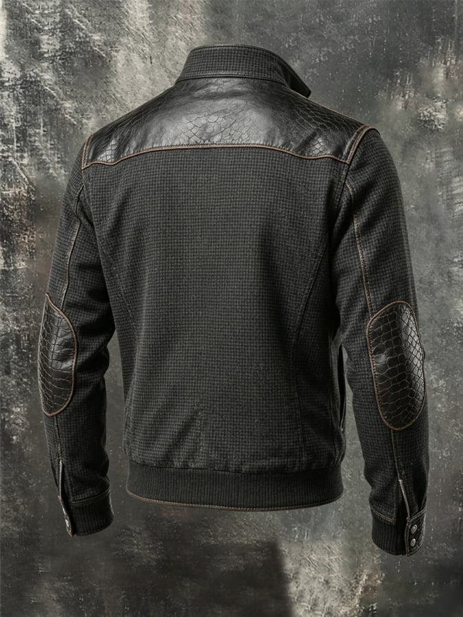 Men's Retro Waffle-Knit & Leather Panel Warm Outdoor Jacket