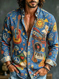 Men's Fun Hippie Guitar Record Train Mushroom Print Long Sleeve Shirt