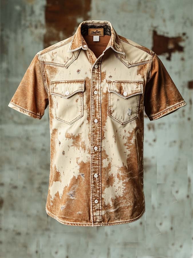 Men's vintage twill shirt with two pockets and short sleeves in a used look