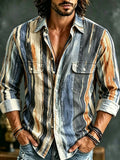 Men's Retro Vertical Striped Print Double Pockets Long Sleeve Shirt