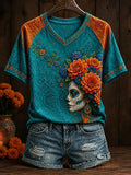 Women's Day Of The Dead Sugar Skull with Floral Crown Graphic Print V Neck Raglan T-Shirt