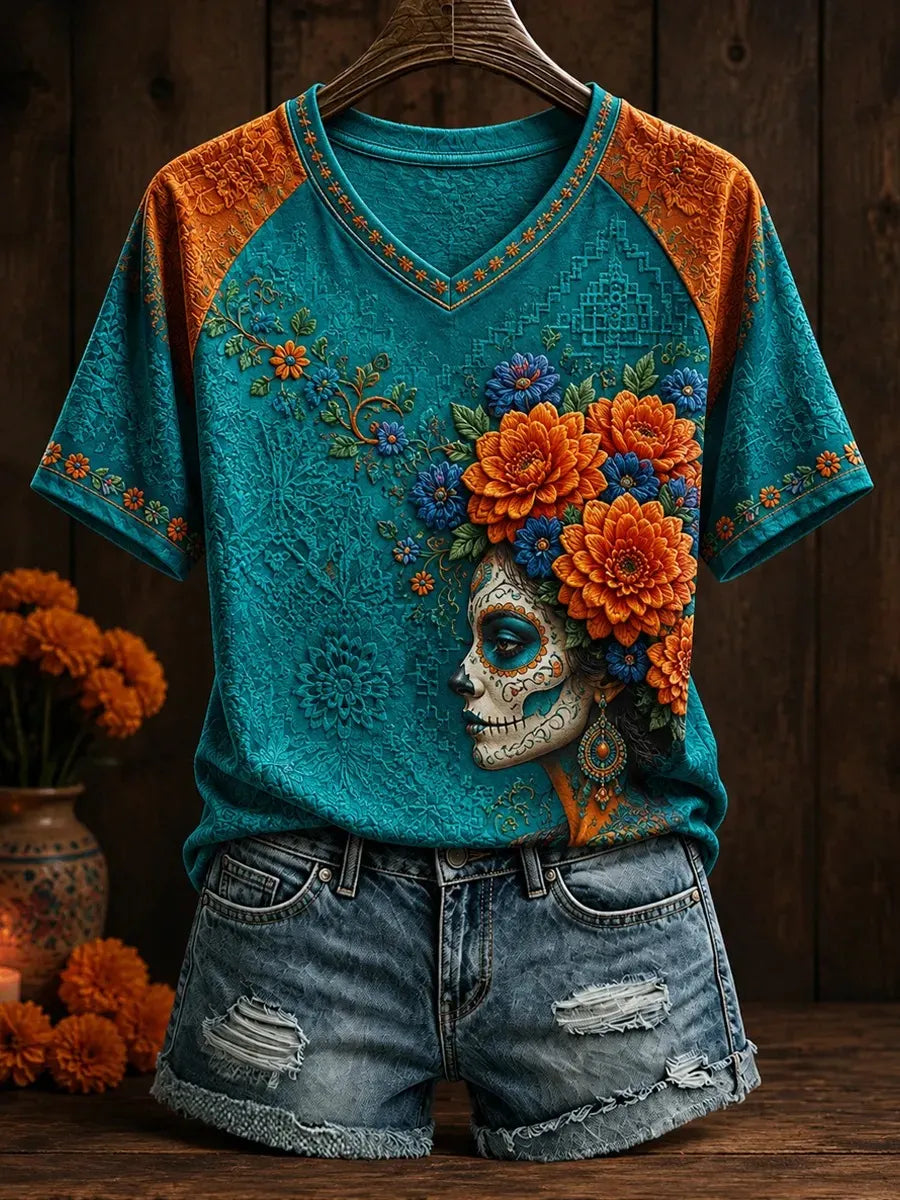 Women's Day Of The Dead Sugar Skull with Floral Crown Graphic Print V Neck Raglan T-Shirt