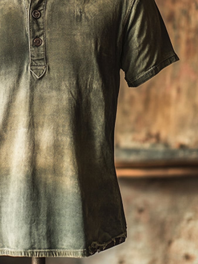 Men's Vintage Premium Distressed Henley Short Sleeve T-Shirt
