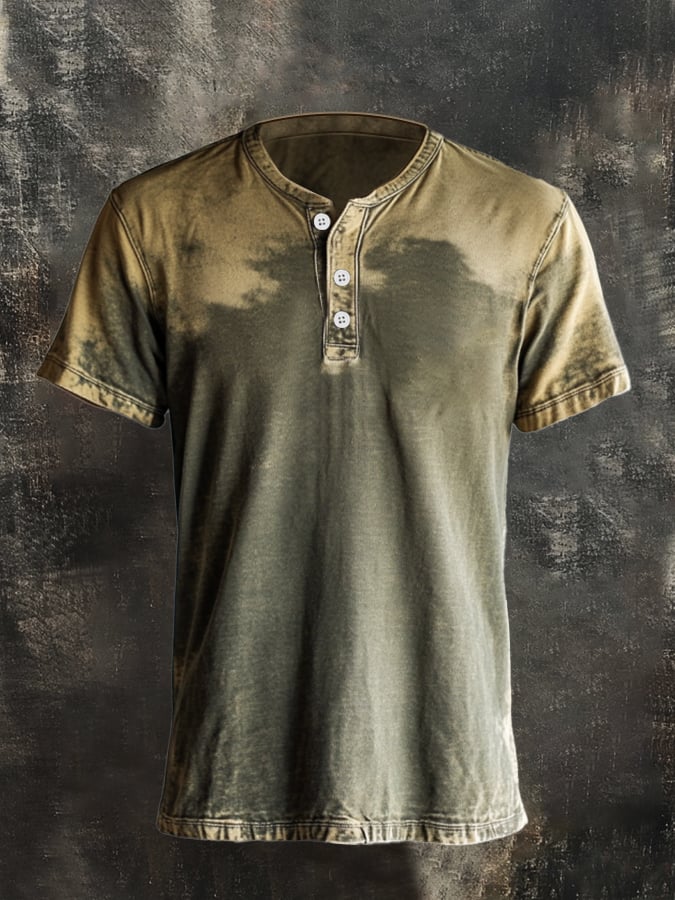 Men's casual vintage print Henley T-shirt