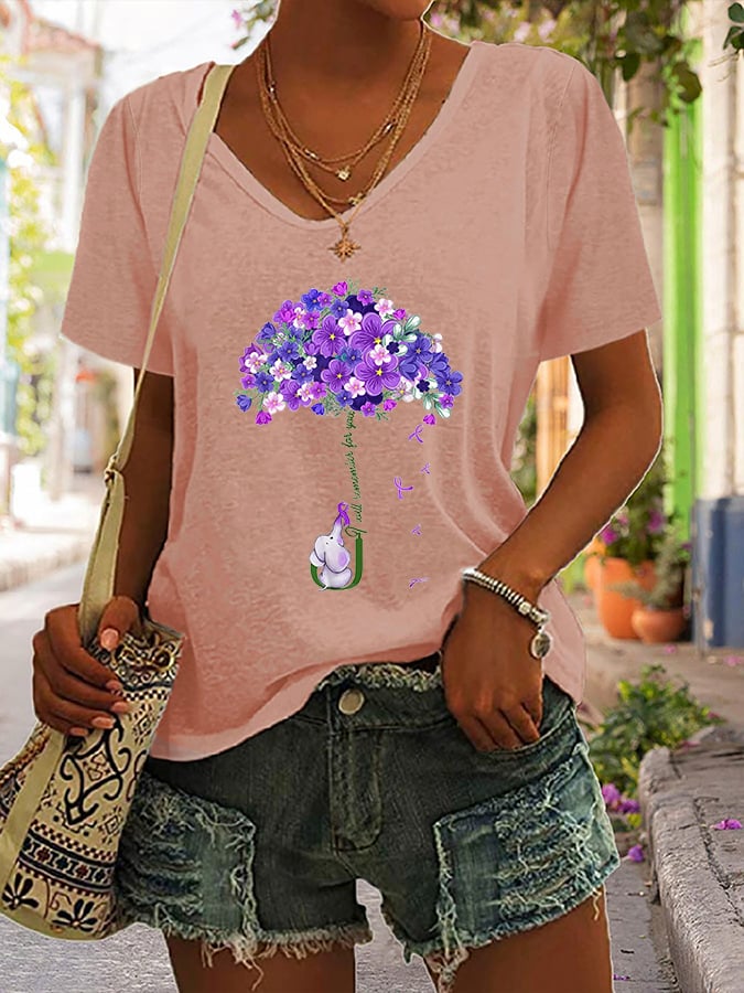 V-neck  Alzheimer's Awareness I Wear Purple For My Mother Print T-Shirt