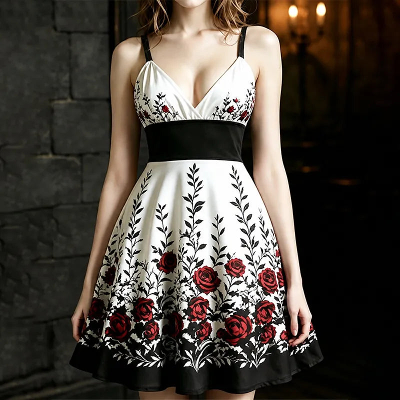 Women's Gothic Halloween Style Rose Strap Mini Dress