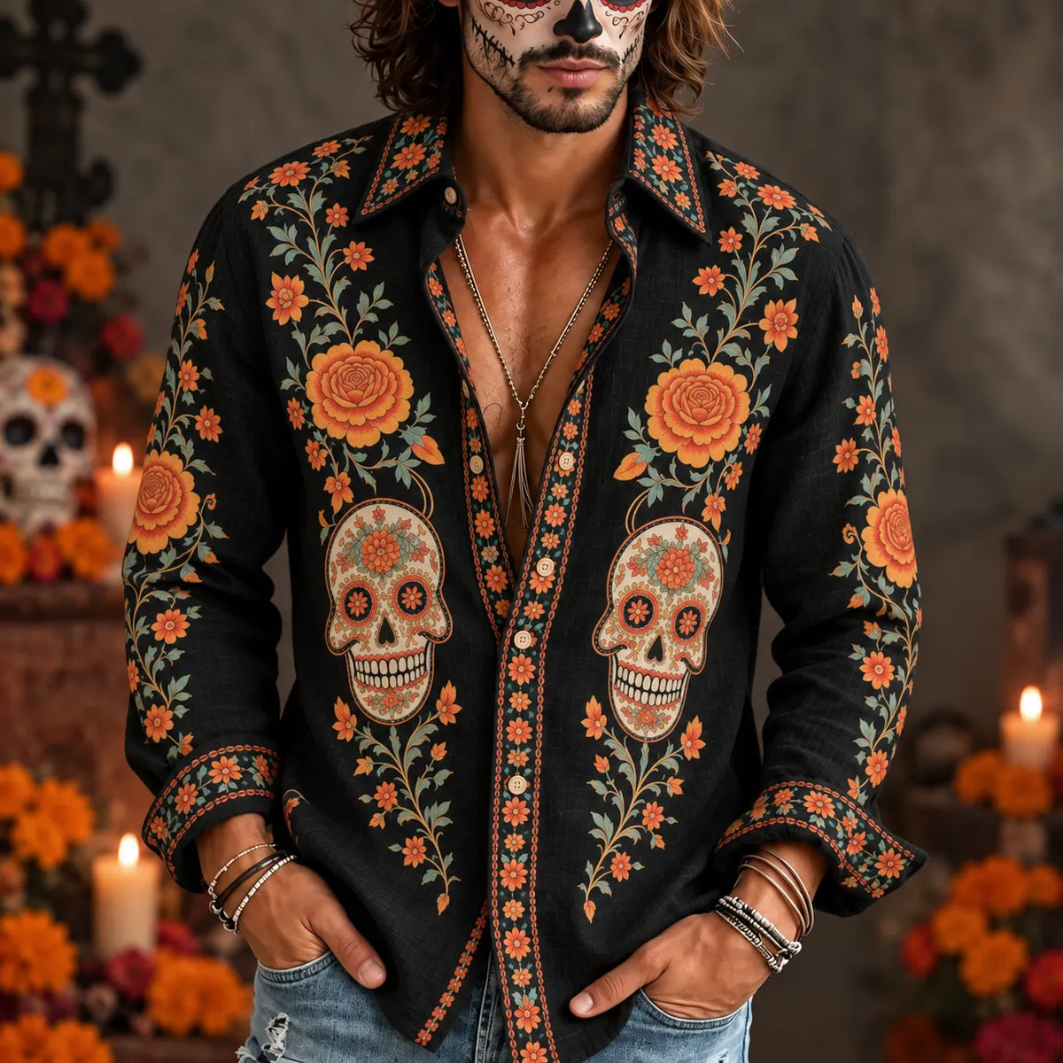 Men‘s Retro Mexico Day Of The Dead Sugar Floral Skull Printed Long-sleeved Shirt