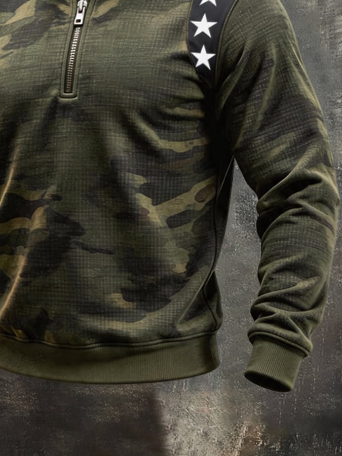 Men's Retro Color-Block Camouflage Print Quarter-Zip Sweatshirt