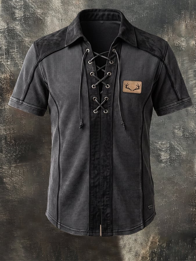 Men's Retro Waffle-Knit & Faux Suede Panel T-Shirt with Lace-Up Collar