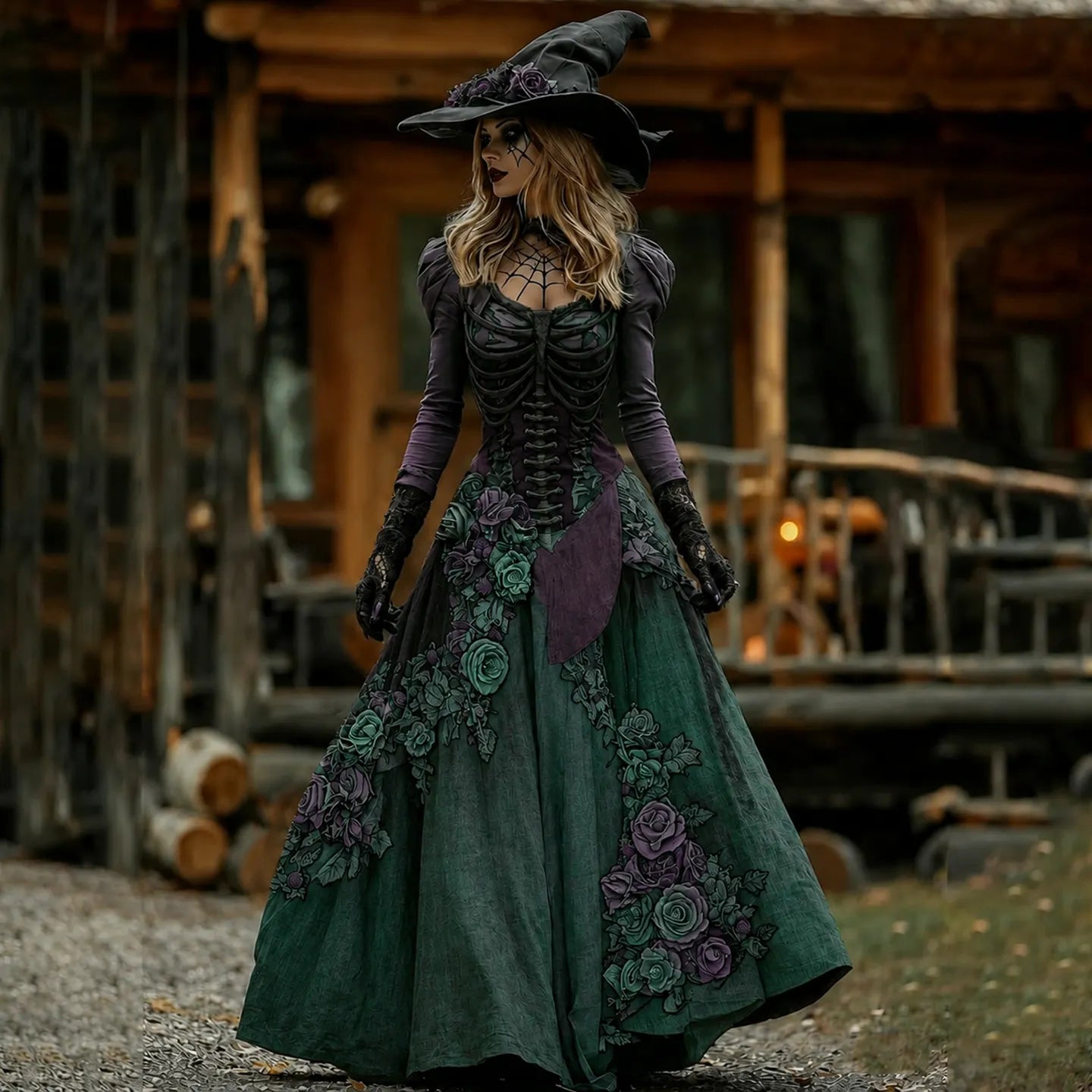 Vintage  Skull Rib Cage Rose Pattern Maxi Dress