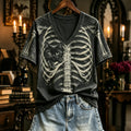 Women's Halloween Peeking Black Cat X-ray Rib Cage 3d Print V Neck T-shirt