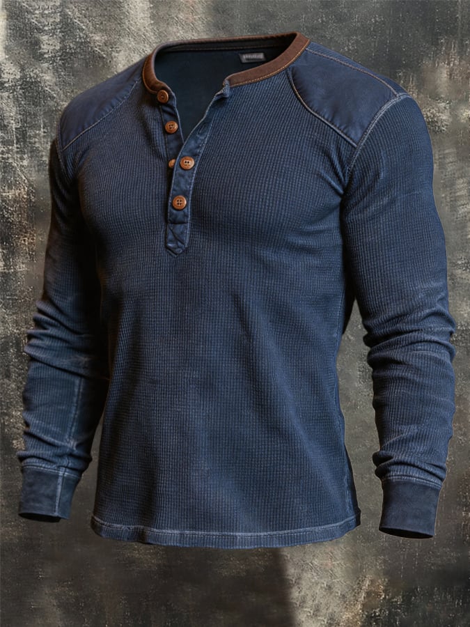 Men's Retro Comfortable Color-Block Waffle-Knit Henley T-Shirt