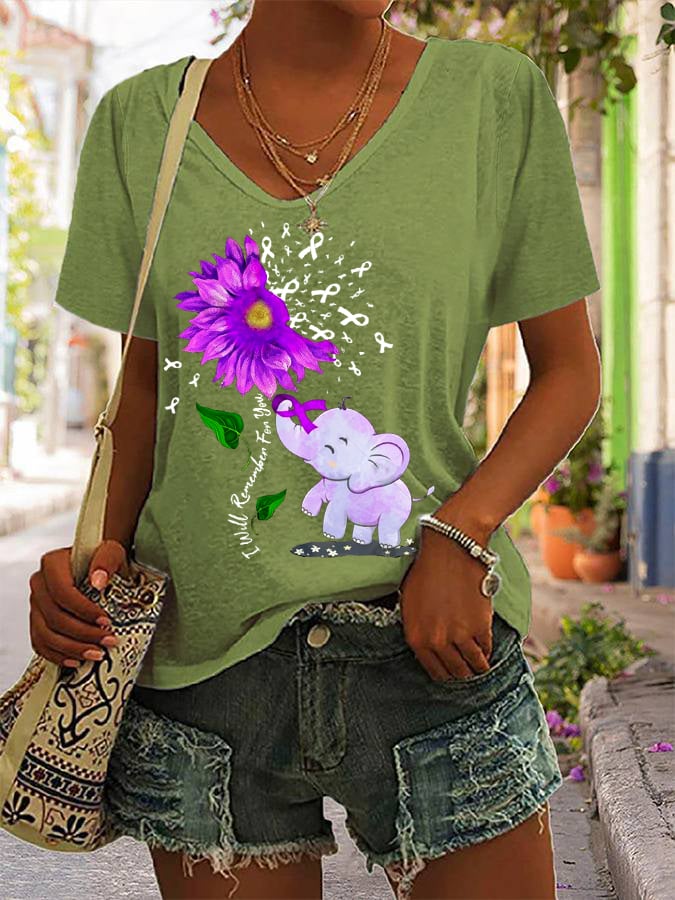 Women's I'll Remember For You Elephant Purple Ribbon Alzheimer's Awareness Fighter Supporter V-Neck Tee