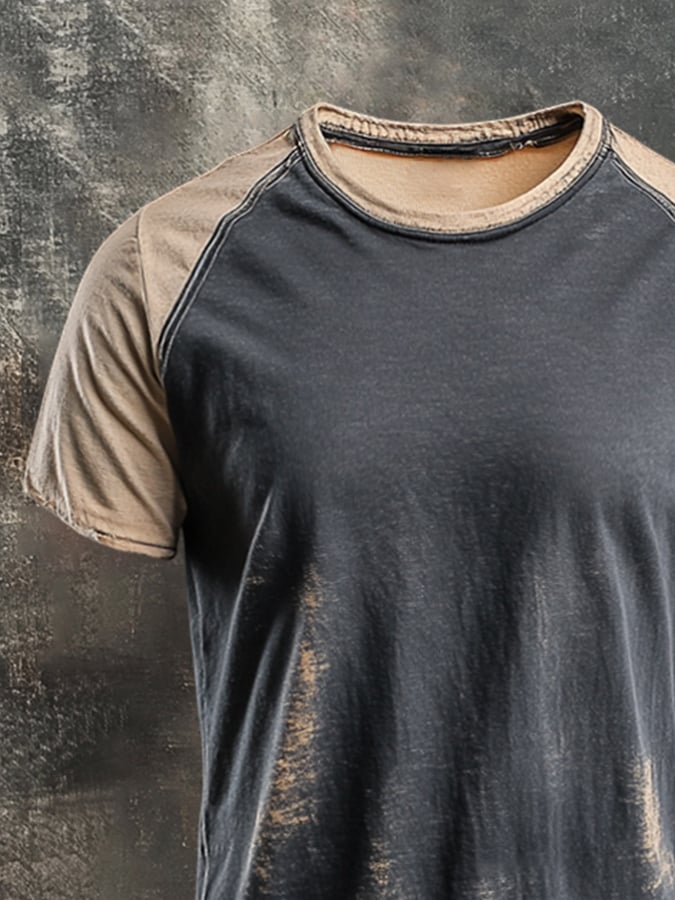 Men's retro style color block round neck short sleeve t-shirt