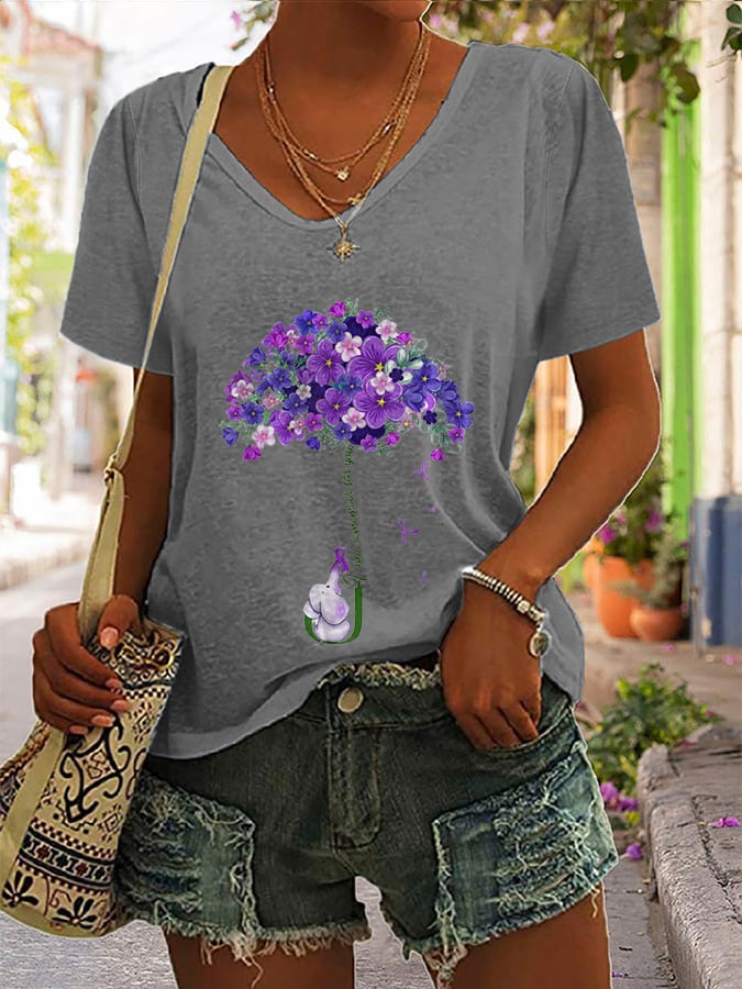 V-neck  Alzheimer's Awareness I Wear Purple For My Mother Print T-Shirt