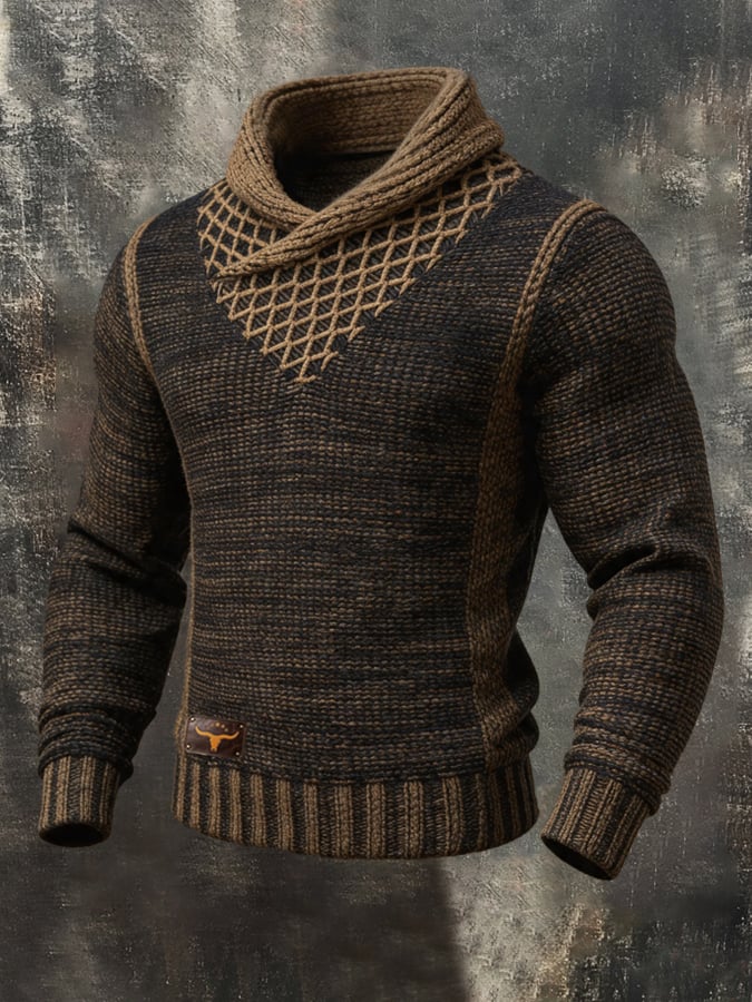 Men's Vintage Chunky Wool Shawl-Collar Long-Sleeve Knit Sweater