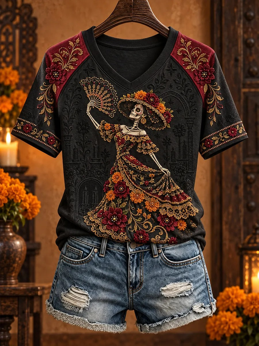 Women's Day Of The Dead Dancing Skeleton Lady Holding Decorative Fan Bright Floral Print V Neck Raglan T-Shirt