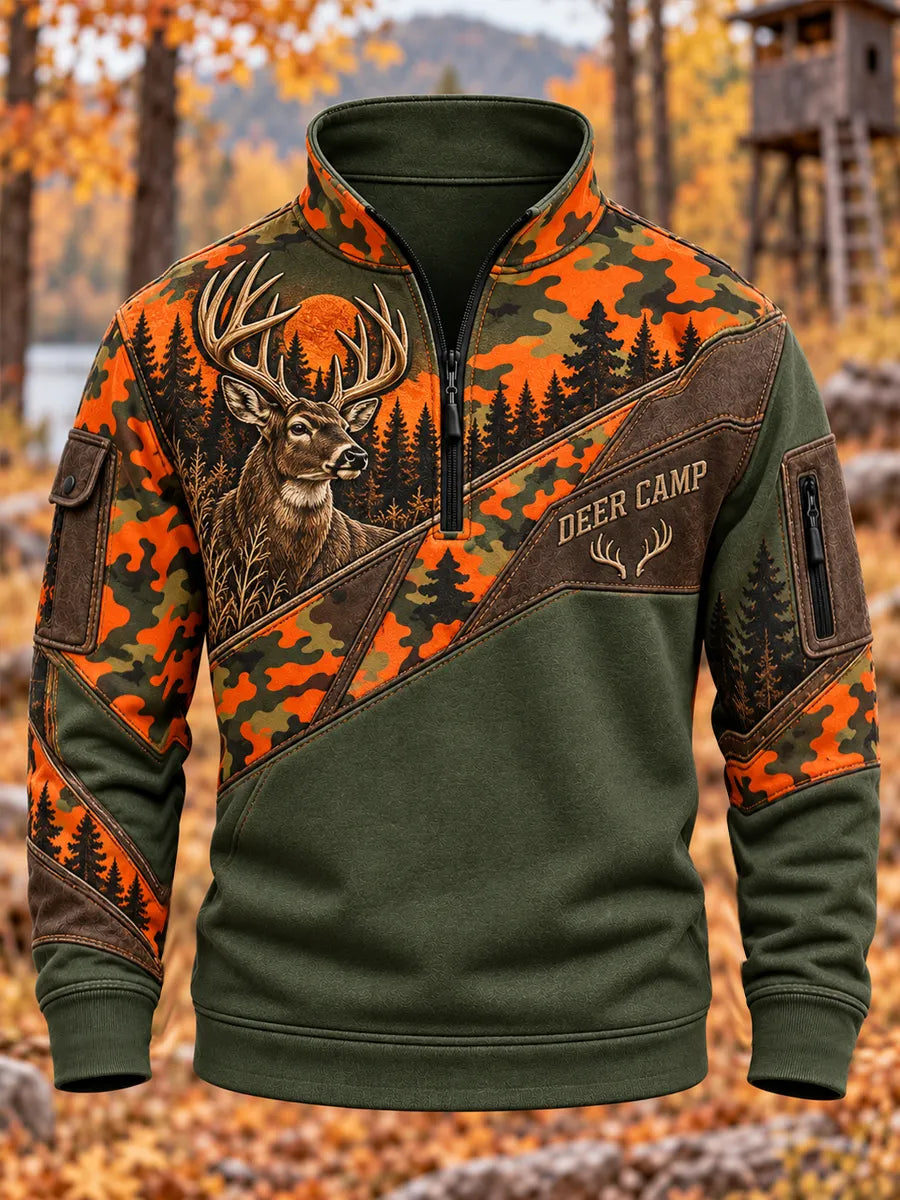 Men's Retro Hunting Culture Print Zip Sweatshirt